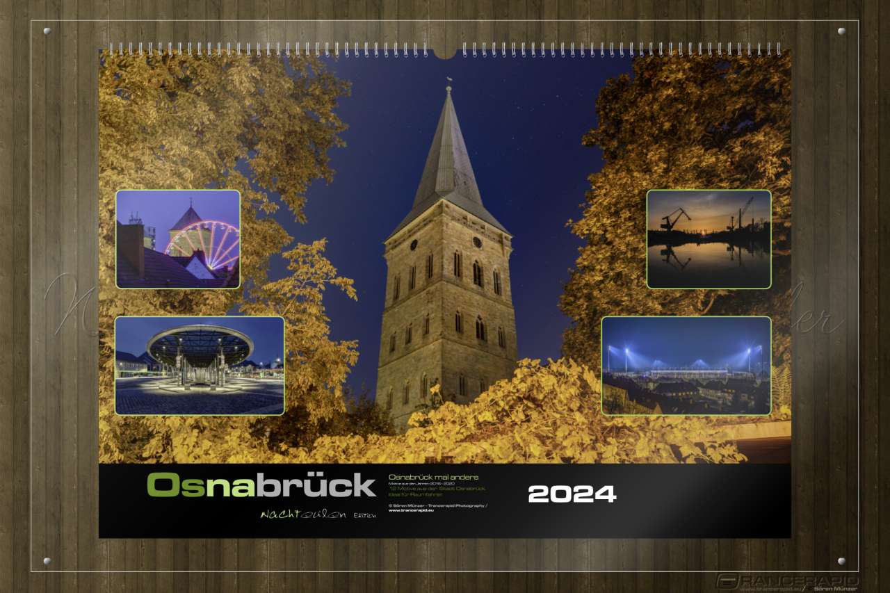 Der Turm der Katharinenkirche in der Nacht - Deckblatt: Wandkalender Osnabrück 2024 in A5, A3 und A2