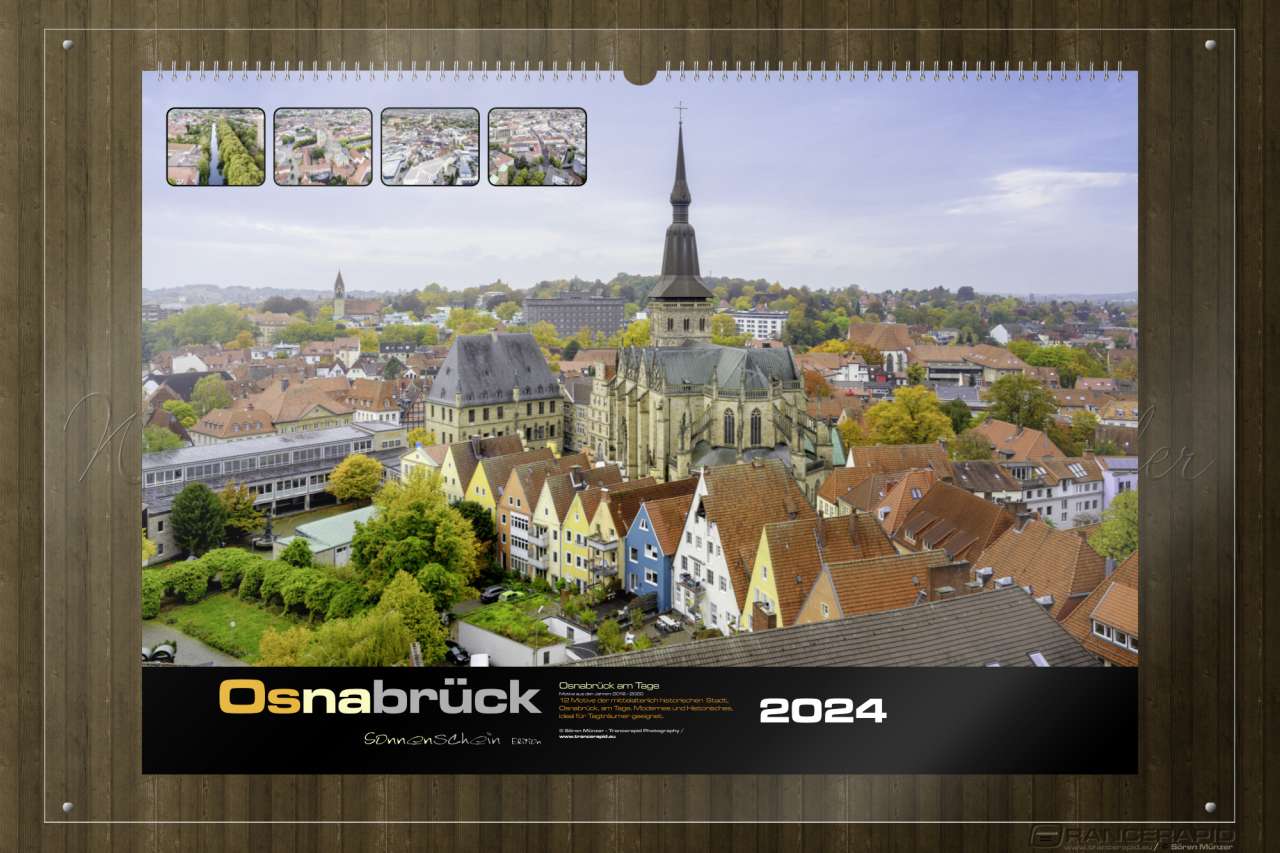 Luftaufnahme der Altstadt mit dem Historischen Rathaus und der Marienkirche- Deckblatt: Wandkalender Osnabrück 2024 in A5, A3 und A2