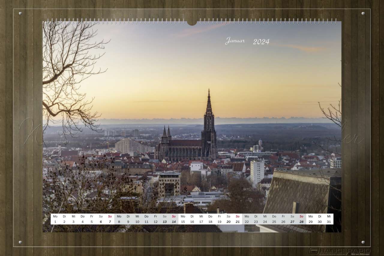 Ulm und das Ulmer münster vom Michelsberg - Monat Januar: Wandkalender Ulm 2024 in Fine art