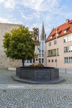 The Christophorus fountain at the Ulmer Weinhof and the Ulm cathedral.
