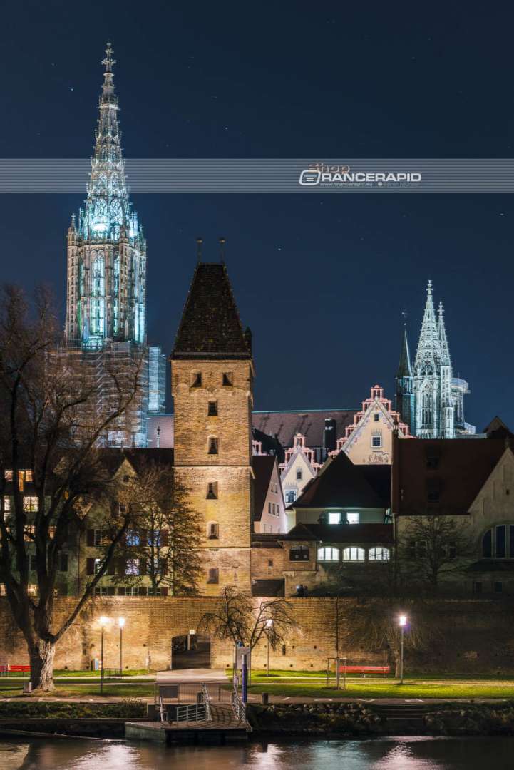 Postcard motif of the Danube view of Ulm at night.