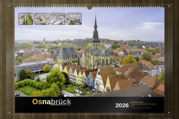 Luftaufnahme der Altstadt mit dem Historischen Rathaus und der Marienkirche- Deckblatt: Wandkalender Osnabrück 2026 in A5, A3 und A2
