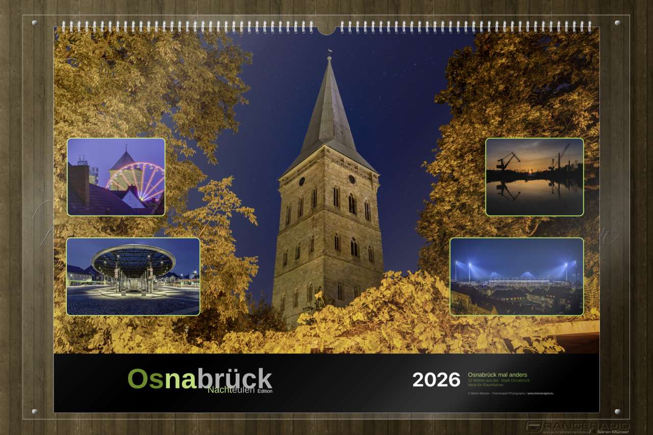Der Turm der Katharinenkirche in der Nacht - Deckblatt: Wandkalender Osnabrück 2026 in A5, A3 und A2