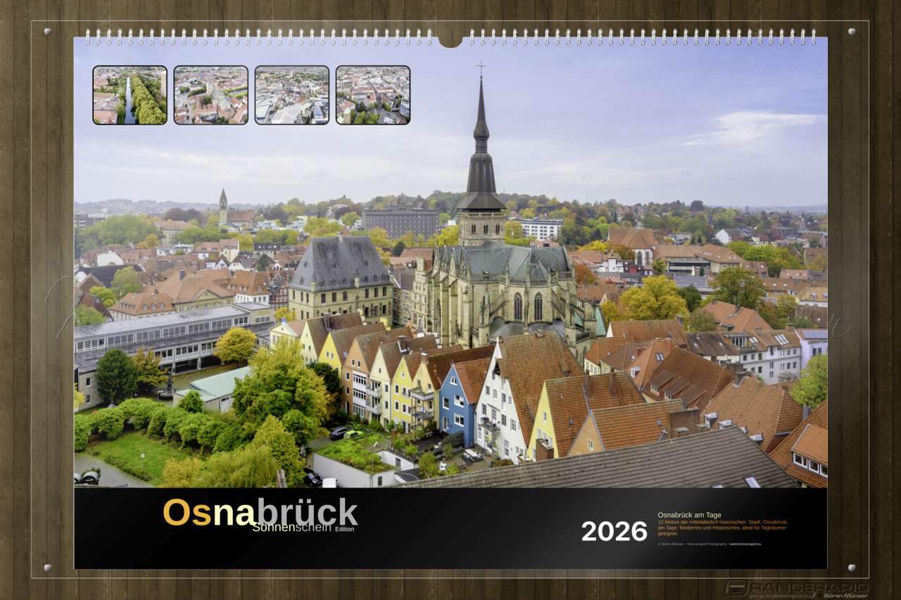 Luftaufnahme der Altstadt mit dem Historischen Rathaus und der Marienkirche- Deckblatt: Wandkalender Osnabrück 2026 in A5, A3 und A2
