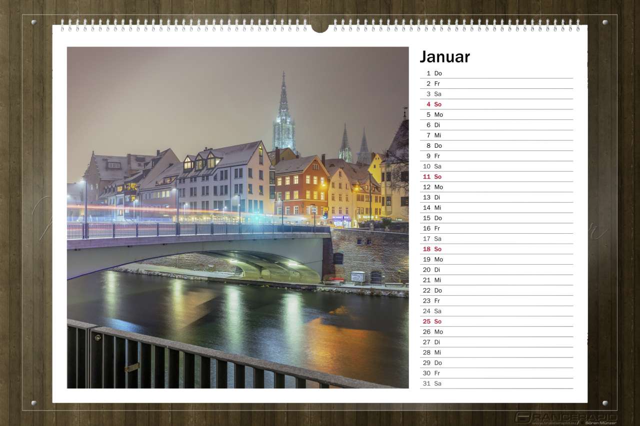 Über die Donau von Neu-Ulm aus mit der Herdbrücke im Vordergrund - Monat Januar: Wandkalender Ulm in Fine Art