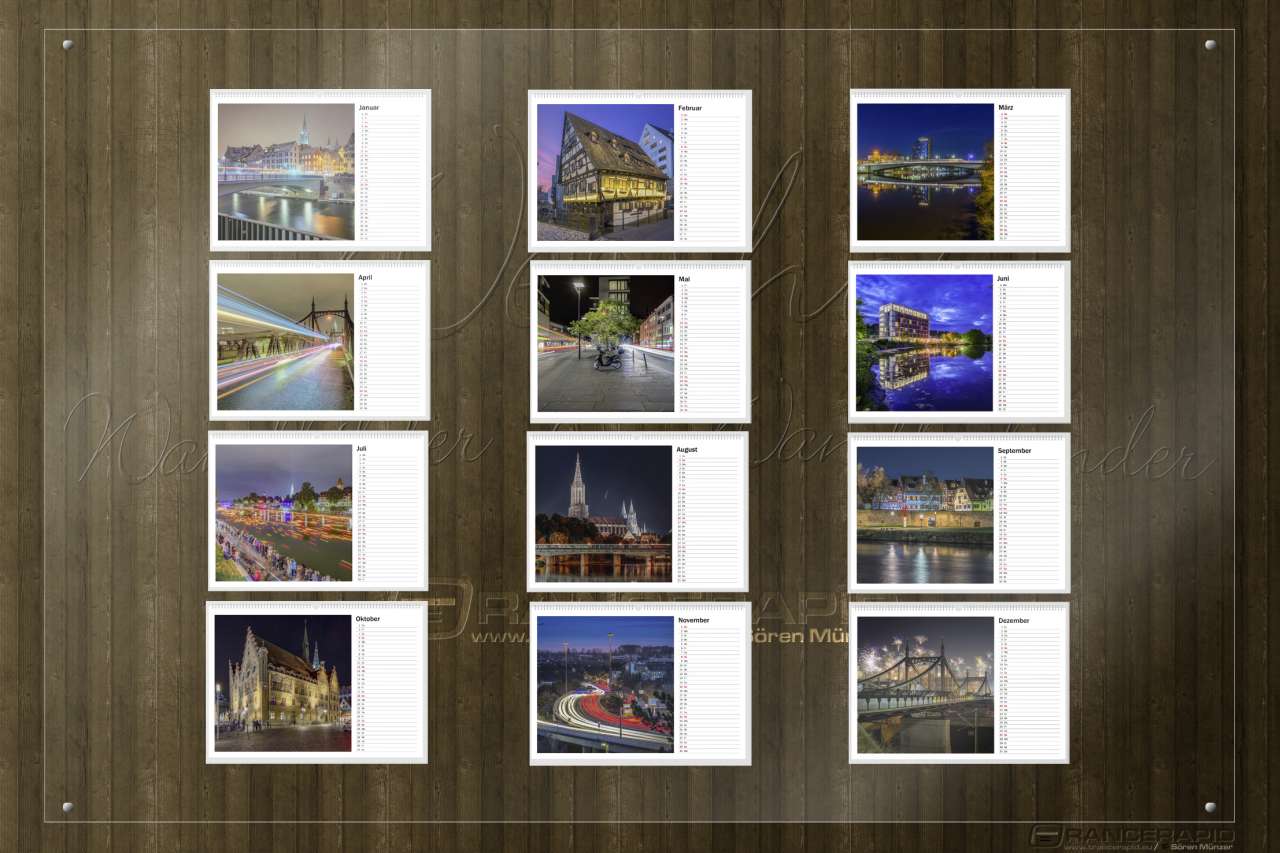 Wandkalender 2026 - Monatsübersicht 2021 "Ulm in der Nacht". Übrigens, der Startmonat ist auf speziellem Wunsch auch frei wählbar.