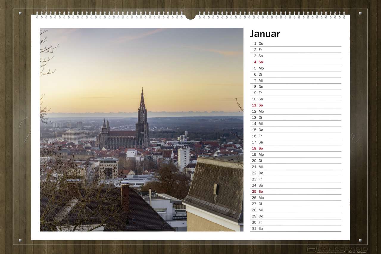 Ulm und das Ulmer münster vom Michelsberg - Monat Januar: Wandkalender Ulm in Fine art