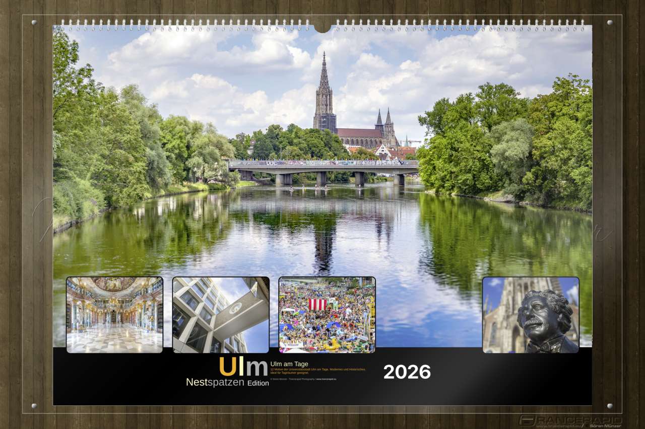 Der Blick entlang der Donau über die Eisenbahnbrücke nach Ulm - Deckblatt: Wandkalender Ulm 2026 in A5, A3 und A2