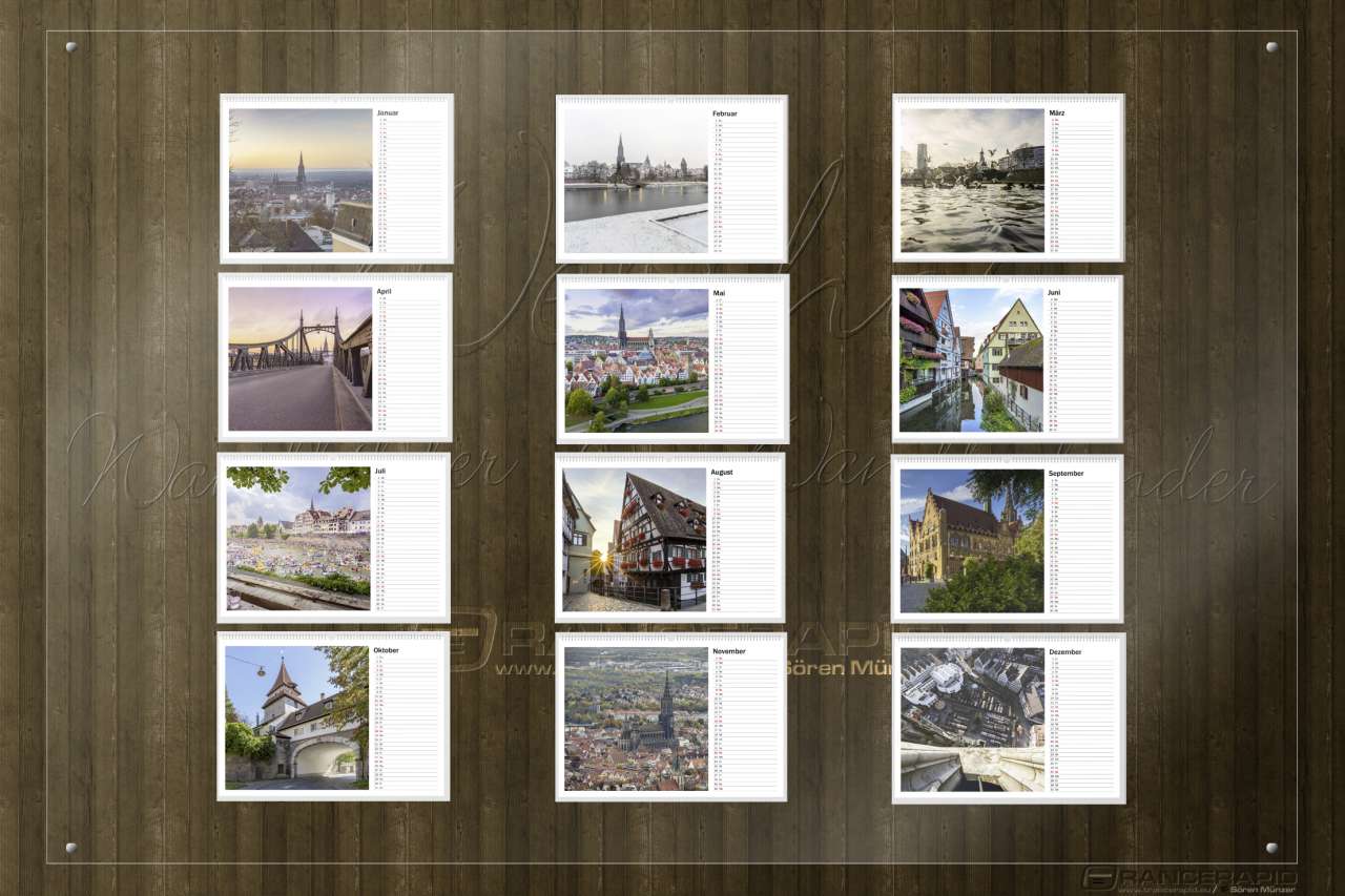 Wandkalender 2026 - Monatsübersicht 2021 "Ulm am Tage". Übrigens, der Startmonat ist auf speziellem Wunsch auch frei wählbar.